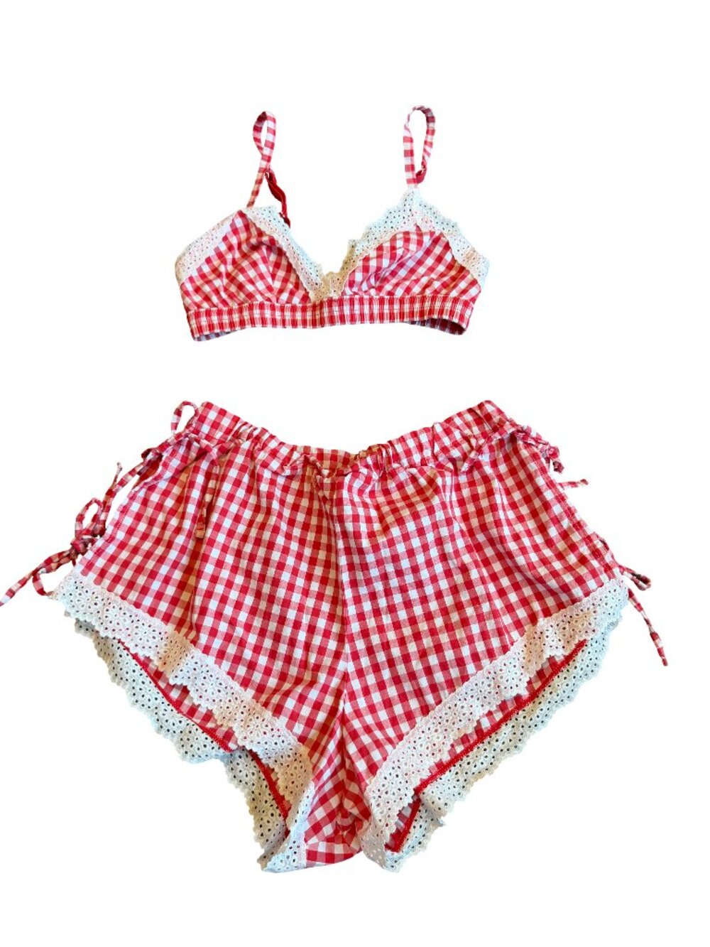 Colsie Red White Plaid Check Two Piece Outfit Set Crop Top Shorts Lace Size XS